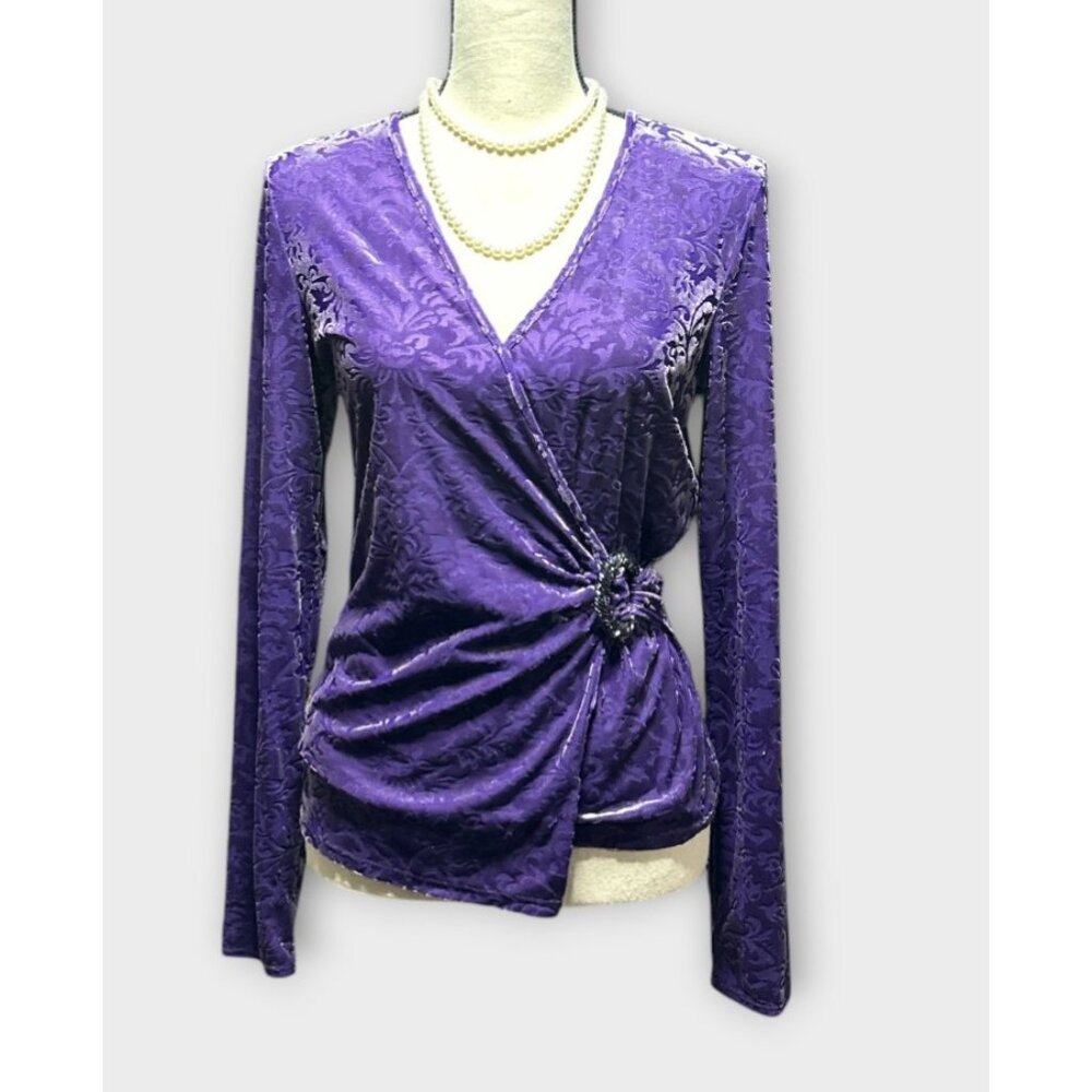 Josephine Chaus Womens Sz L‎ Purple Burnout Velvet Top Stretchy Beaded Ring Soft